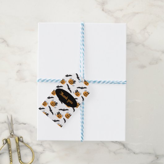 Vielen Dank Halloween Pumpkin Bat Pattern Orange Geschenkanhänger (Mit Garn)
