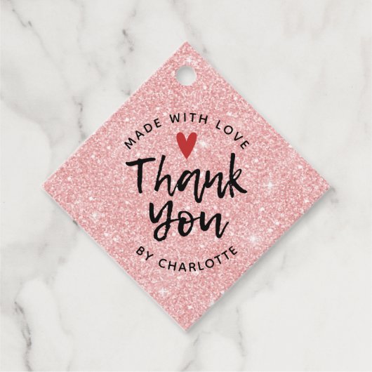 Vielen Dank, Handmade mit Liebe Rosa Glitzer Geschenkanhänger (Vorderseite)