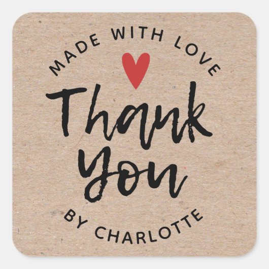 Vielen Dank, Handmade mit Liebe Rustic Kraft Class Quadratischer Aufkleber (Vorderseite)