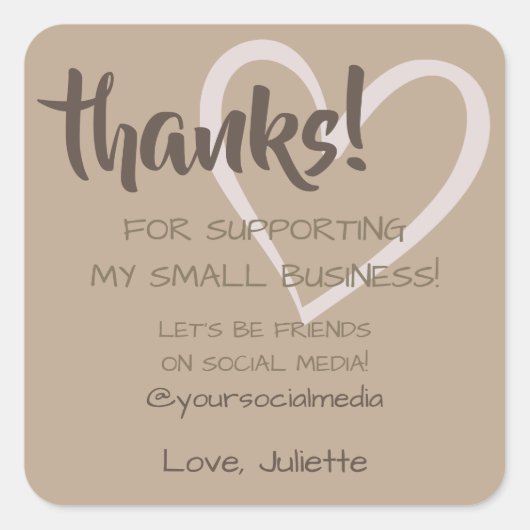 Vielen Dank Herz Labels Social Media Natural Brown Quadratischer Aufkleber (Vorderseite)