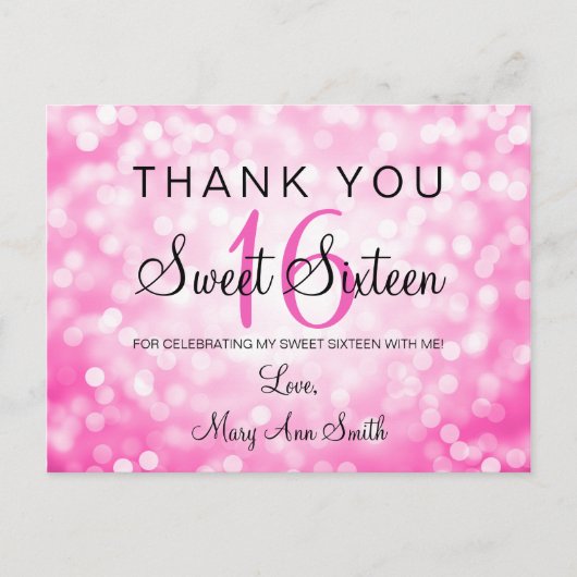Vielen Dank Hinweis Sweet 16 Pink Glitzer Lights Postkarte (Vorderseite)