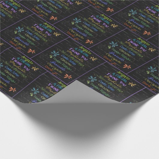 Vielen Dank in Fremdsprachen auf schwarz Geschenkpapier (Ecke)