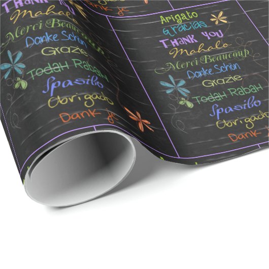 Vielen Dank in Fremdsprachen auf schwarz Geschenkpapier (Rolleneckpunkt)