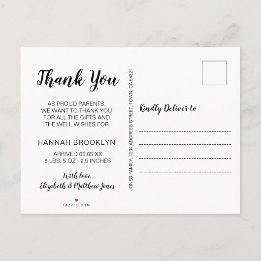 Vielen Dank Kalligraphie 3 Foto Collage Birth Ankündigungspostkarte (Rückseite)