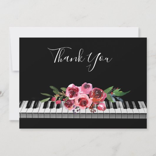 Vielen Dank Kalligraphie Piano rote Rosen Bouquet Dankeskarte (Vorderseite)