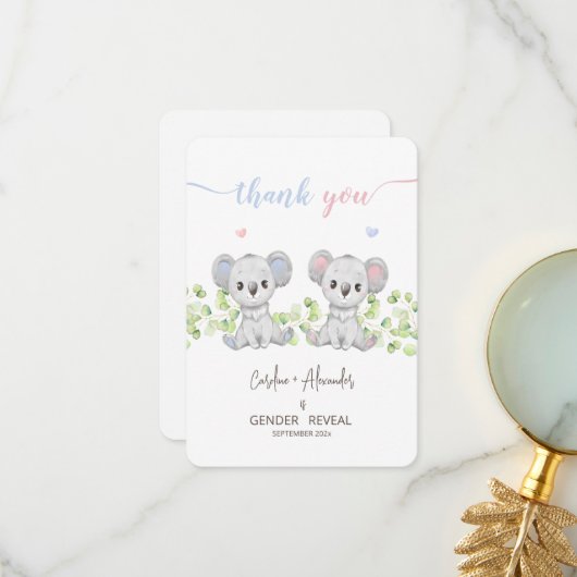 Vielen Dank Karten für Koala Gender Reveal Party. (Vorderseite/Rückseite Beispiel)