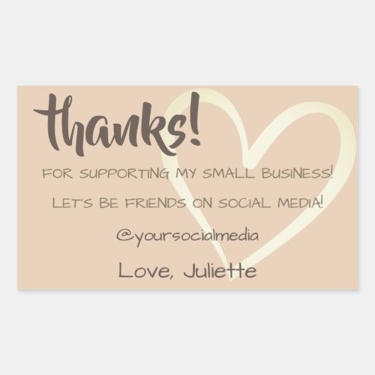 Vielen Dank Labels Social Media Beige Cream Heart Rechteckiger Aufkleber (Vorderseite)