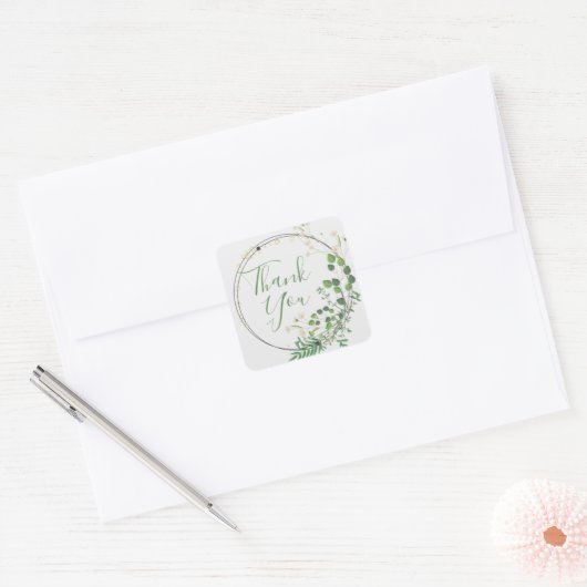 Vielen Dank Light Gray Greenery Wreath Quadratischer Aufkleber (Umschlag)