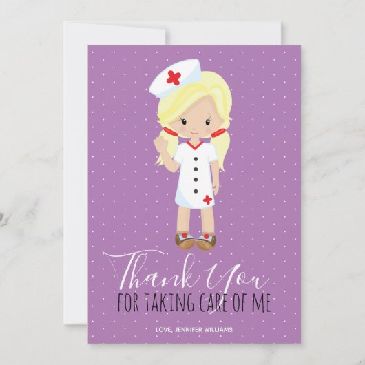 Vielen Dank, Lila Script Blonde Cartoon Nurse Dankeskarte (Vorderseite)