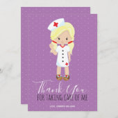 Vielen Dank, Lila Script Blonde Cartoon Nurse Dankeskarte (Vorne/Hinten)