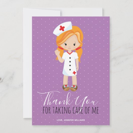 Vielen Dank Lila Script Ginger Cartoon Nurse Dankeskarte (Vorderseite)