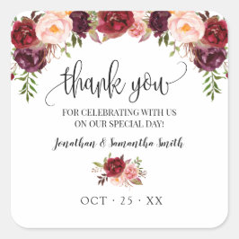 Vielen Dank Marsala floral boho schicke Hochzeit Quadratischer Aufkleber