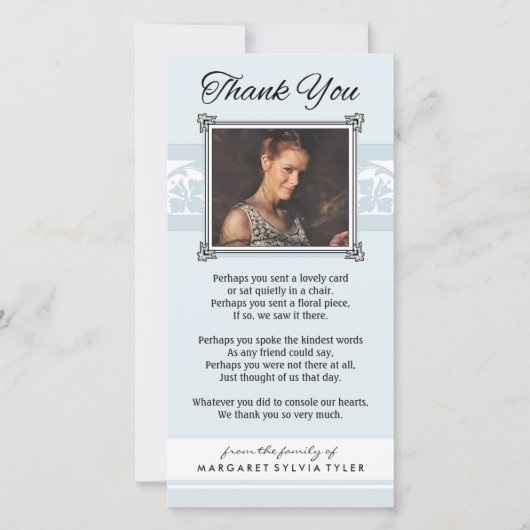 Vielen Dank Memorial Light Blue & White Foto Card Dankeskarte (Vorderseite)