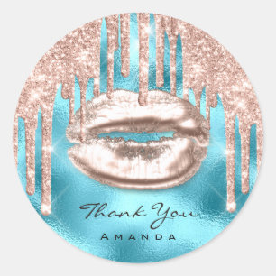 Vielen Dank Name 16. BridalBlue Glitzer Kiss Lip Runder Aufkleber