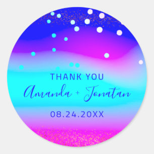 Vielen Dank Name Datum Blue Aqua Pink Confetti Oze Runder Aufkleber