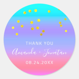 Vielen Dank Name Datum Blue Pink Gold Confetti Runder Aufkleber