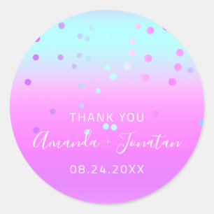 Vielen Dank Name Datum Blue Pink Pastel Confetti Runder Aufkleber