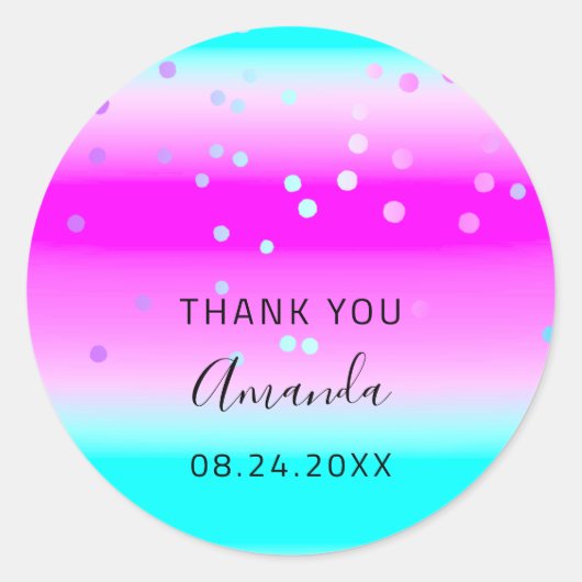 Vielen Dank Name Datum Pink Ocean Ombre Confetti Runder Aufkleber (Vorderseite)