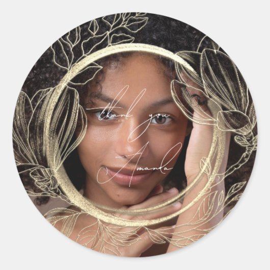Vielen Dank Name Magnolia Floral Garden Gold Foto Runder Aufkleber (Vorderseite)
