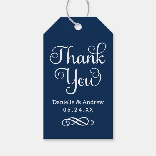 Vielen Dank Navy Blue Modern Script Hochzeit Geschenkanhänger (Vorderseite)