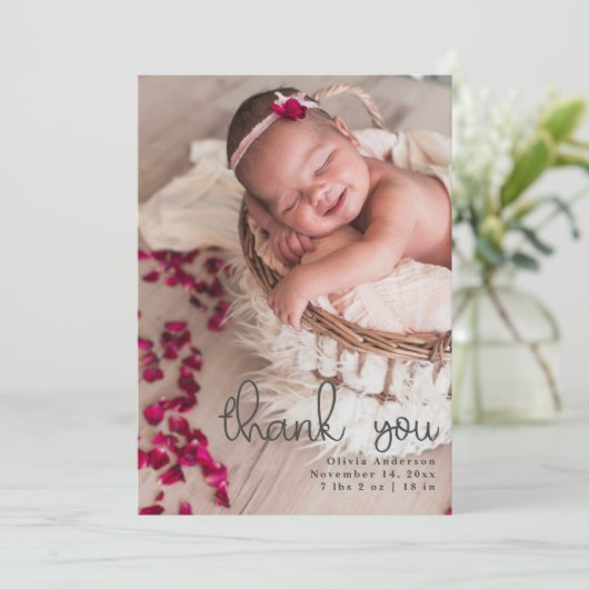 Vielen Dank, neugeborene Fotos Script Calligrafy Ankündigung (Stehend Vorderseite)