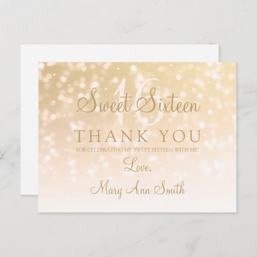 Vielen Dank Note Sweet 16 Gold Bokeh Sparkle Light Postkarte (Vorne/Hinten)