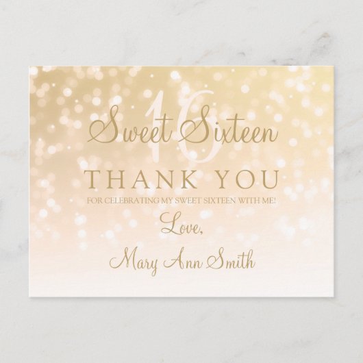 Vielen Dank Note Sweet 16 Gold Bokeh Sparkle Light Postkarte (Vorderseite)