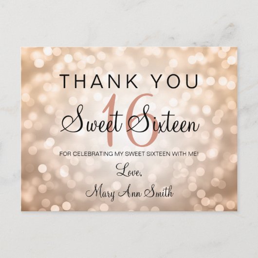 Vielen Dank Note Sweet 16 Rose Gold Glitzer Lights Postkarte (Vorderseite)