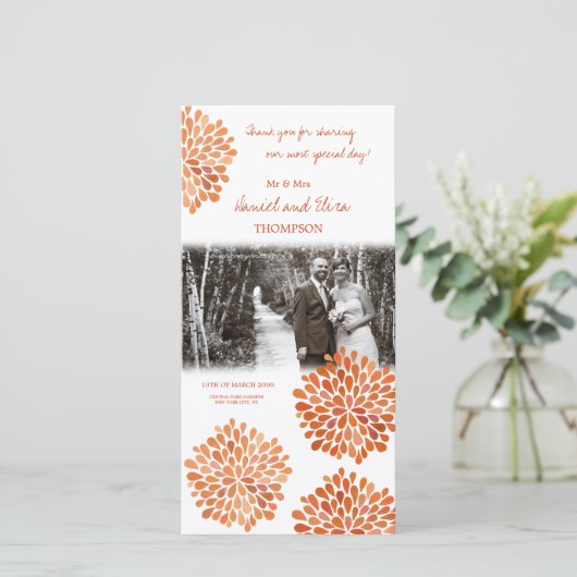 Vielen Dank Orange Herbst Blooms Wedding Foto Dankeskarte (Stehend Vorderseite)