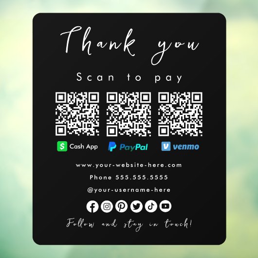 Vielen Dank Paypal Venmo Cash App Qr Code Black Fensteraufkleber (Blatt 3)