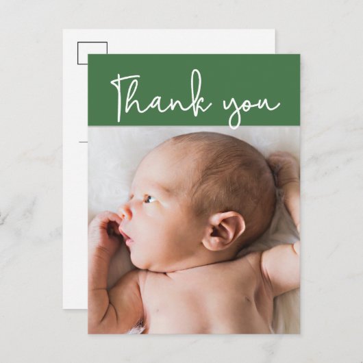 Vielen Dank Personalisiert Green Modern Baby Boy Ankündigungspostkarte (Vorne/Hinten)
