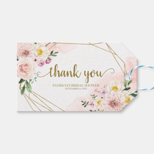 Vielen Dank - Pink Blush Floral Gold Gefälligkeit Geschenkanhänger (Vorderseite (Horizontal))