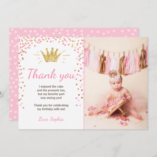 Vielen Dank, Princess Birthday Gold Pink Dankeskarte (Vorne/Hinten)