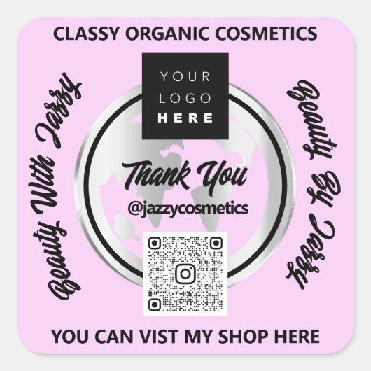Vielen Dank QR Code Logo Silver Map Globe Rosa Quadratischer Aufkleber (Vorderseite)