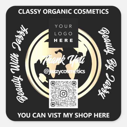 Vielen Dank QRCode Logo Silver Map Globe Black Quadratischer Aufkleber (Vorderseite)