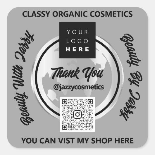 Vielen Dank QRCode Logo Silver Map Globe Gray Quadratischer Aufkleber (Vorderseite)