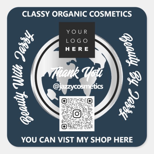 Vielen Dank QRCode Logo Silver Map Globe Navy Quadratischer Aufkleber (Vorderseite)