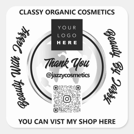 Vielen Dank QRCode Logo Silver Map Globe White Quadratischer Aufkleber (Vorderseite)