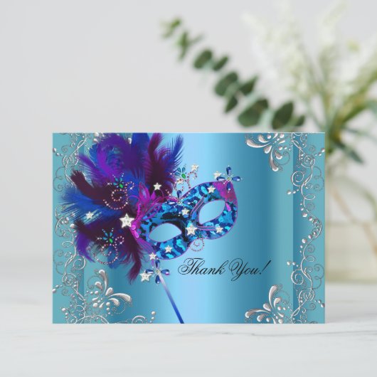 Vielen Dank Quinceanera Party Masquerade Blue Dankeskarte (Stehend Vorderseite)