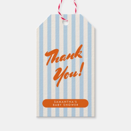 Vielen Dank Retro Orange Blue Stripes Baby Dusche Geschenkanhänger (Vorderseite)