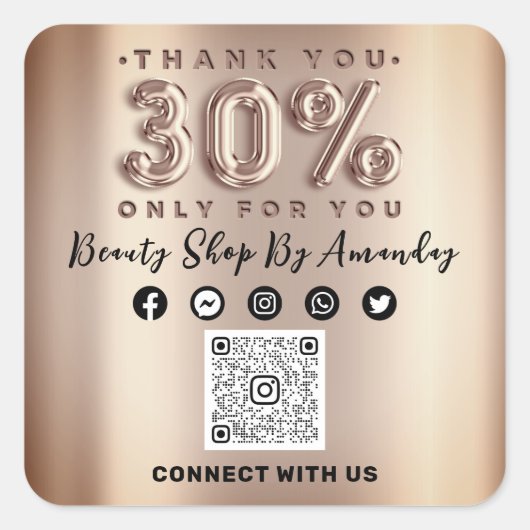 Vielen Dank Rose 30% Rabatt QR CODE Online Social Quadratischer Aufkleber (Vorderseite)