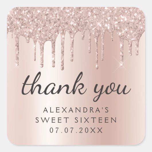 Vielen Dank Rose Gold Glitzer Girly Sweet 16 Quadratischer Aufkleber (Vorderseite)