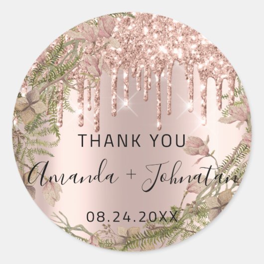 Vielen Dank Rose Gold Name Save the Date Wreath Tr Runder Aufkleber (Vorderseite)