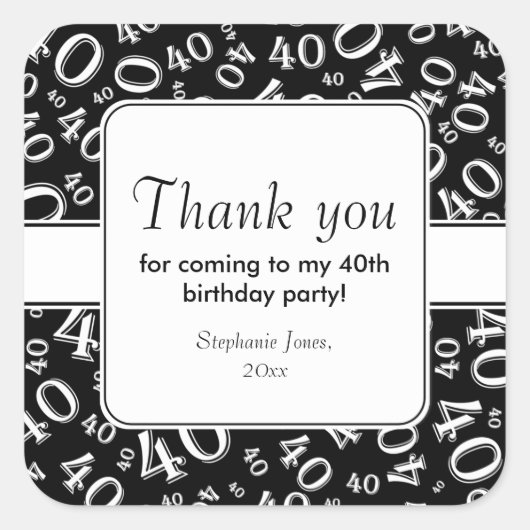 Vielen Dank: Schwarz und Weiß 40. Zahlenmuster Quadratischer Aufkleber (Vorderseite)