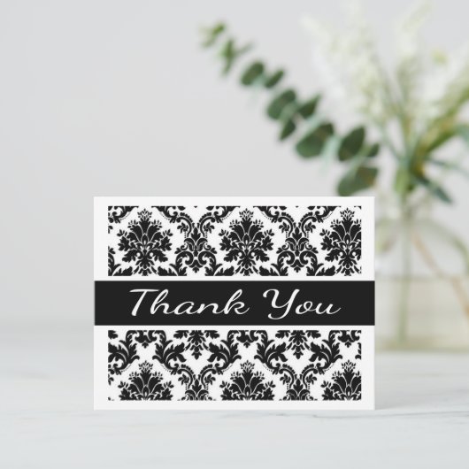 Vielen Dank, Schwarz-Weiß-Damask Floral Postkarte (Stehend Vorderseite)