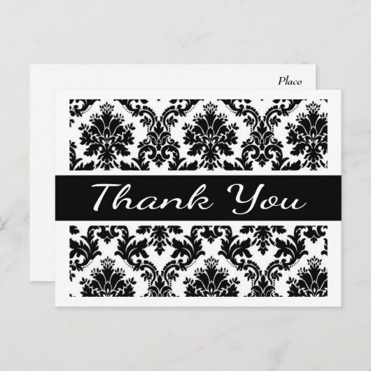 Vielen Dank, Schwarz-Weiß-Damask Floral Postkarte (Vorne/Hinten)