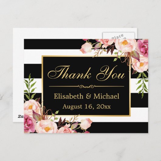 Vielen Dank - Schwarz-weiße Streifen Gold Rahmen Postkarte (Vorne/Hinten)