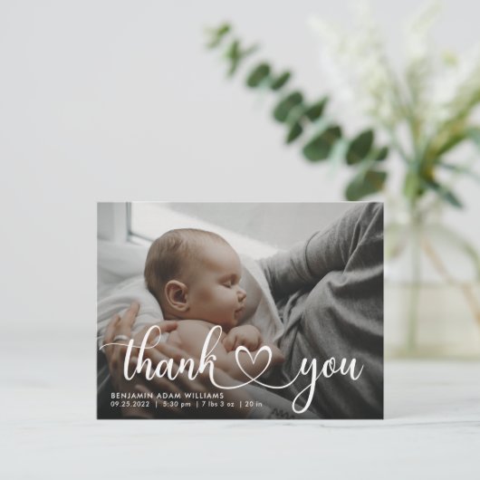 Vielen Dank Script Baby Birth Ankündigung Postcard Postkarte (Stehend Vorderseite)