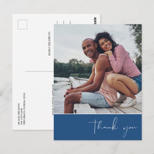 Vielen Dank Script Foto Blue Wedding Postkarte (Vorne/Hinten)