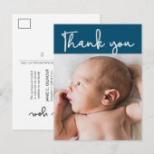 Vielen Dank, Script Modern blue Baby Foto Birth Ankündigungspostkarte (Vorne/Hinten)